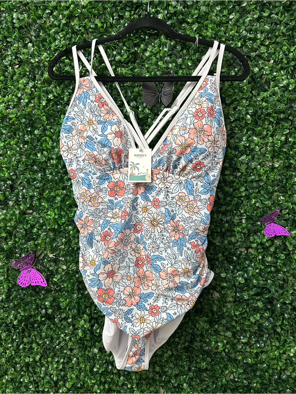 B2PRITY Women’s 2XL Floral One Piece Swimsuit Cross Back Bathing Suit NWT